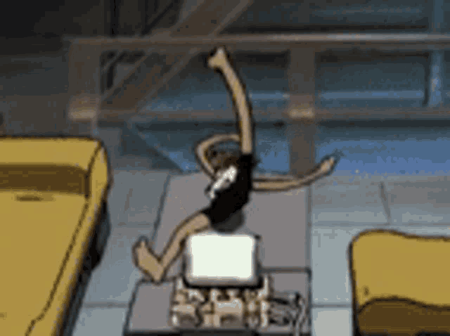 a cartoon of a person laying on a table with their arms outstretched .
