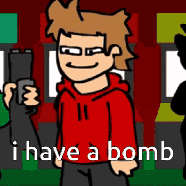 a cartoon of a man in a red hoodie holding a gun and saying i have a bomb .