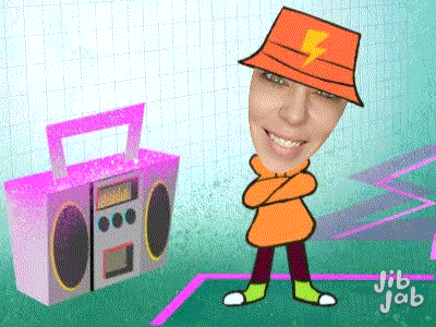 a cartoon character with a lightning bolt on his hat stands next to a boombox