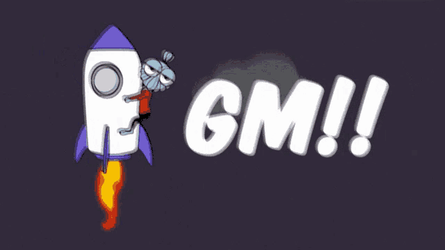 a cartoon of a rocket with the words gm !! written below it