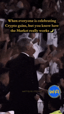 a man in a suit and tie stands in front of a crowd of people with the words " when everyone is celebrating crypto gains "