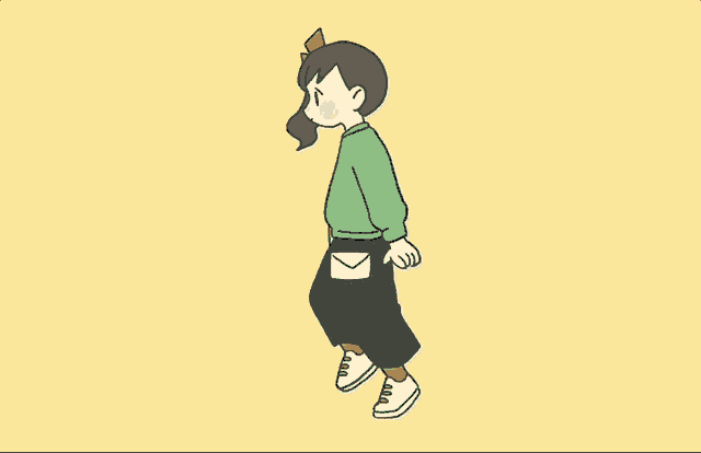 a girl in a green sweater and black skirt is walking with an envelope in her pocket