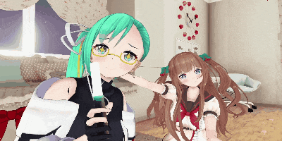 a girl with green hair is holding a knife next to another girl with brown hair