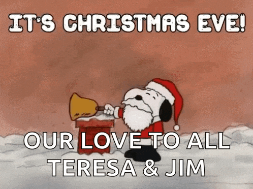 a cartoon of snoopy wearing a santa hat and holding a bell .