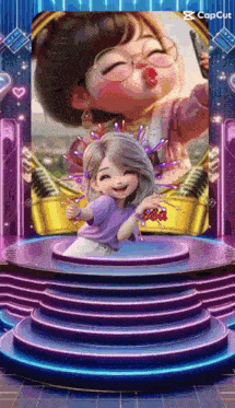 a cartoon girl is standing on a stage with a microphone