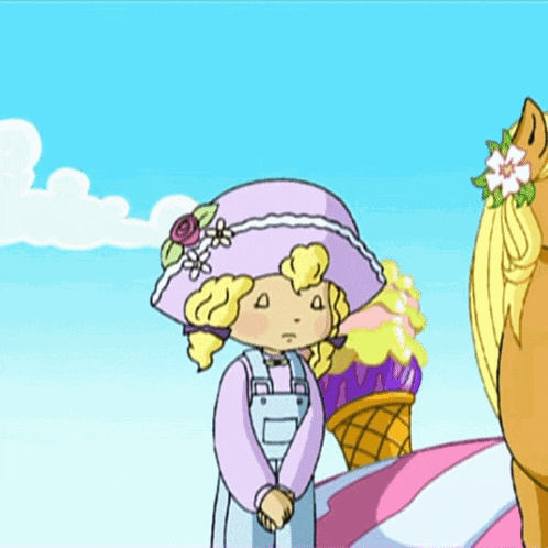 a girl wearing a purple hat and overalls stands next to a horse