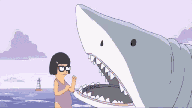 a cartoon of a woman standing next to a large shark