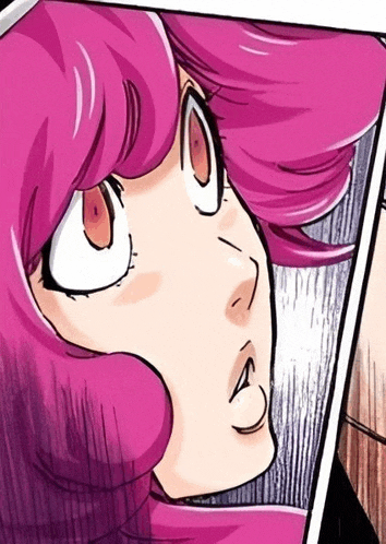 a drawing of a girl with pink hair looking up