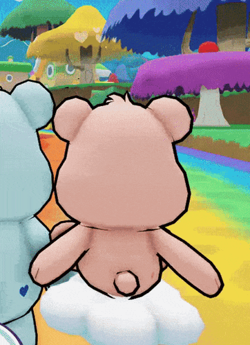 two teddy bears are standing next to each other in a cartoon scene