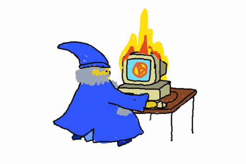 a cartoon of a wizard standing next to a computer on fire