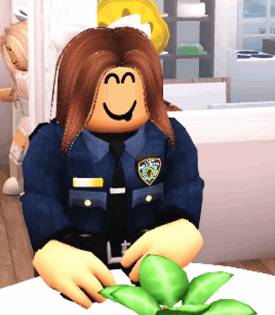 a cartoon character in a police uniform is smiling and holding a green plant