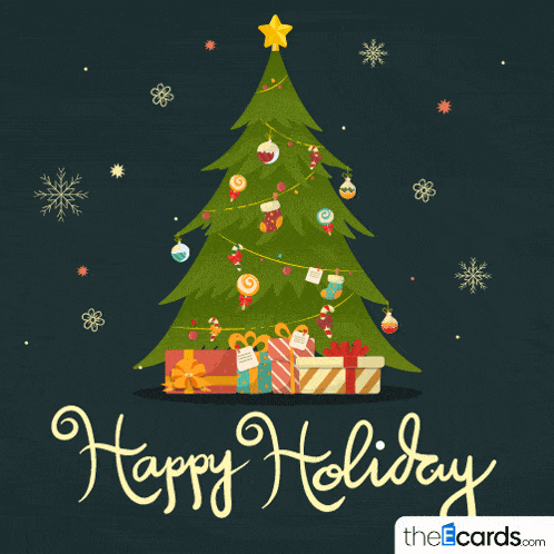 a christmas tree with gifts underneath it and the words happy holiday on the bottom