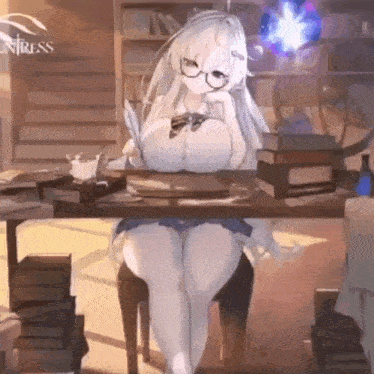a girl with glasses is sitting at a desk with a feather in her hand .