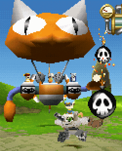 a pixel art drawing of a hot air balloon and a skull