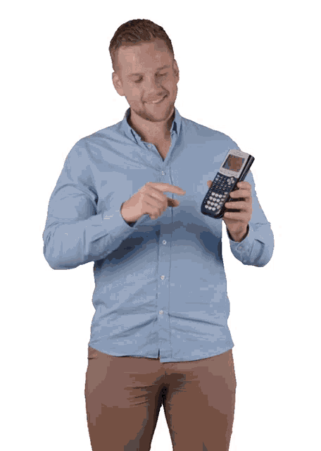 a man in a light blue shirt is holding a calculator