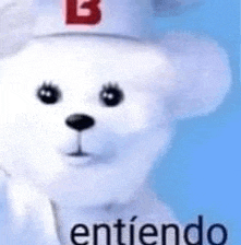 a white teddy bear wearing a white hat with a red letter b on it .