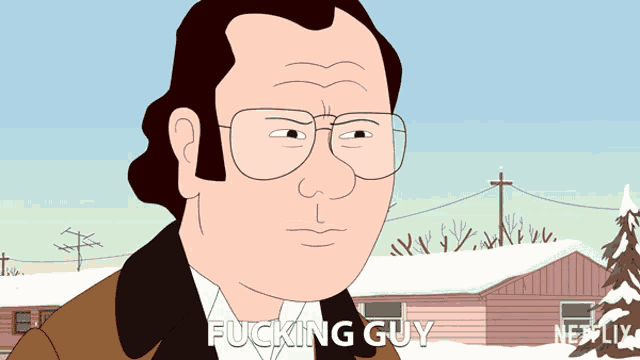 a cartoon of a man saying fucking guy in front of a snowy house