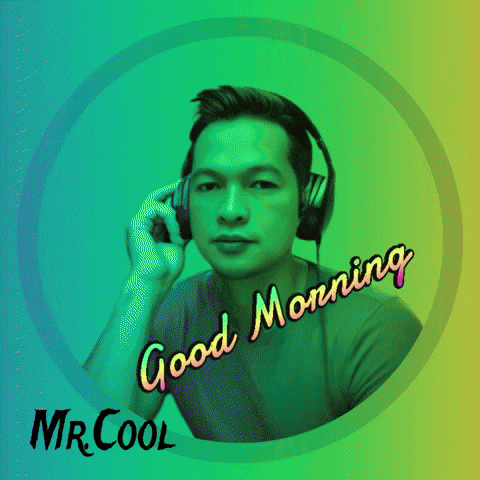 a man wearing headphones with the words " good morning mr cool " below him