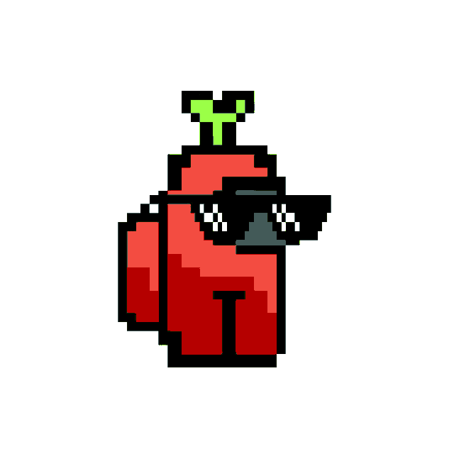 a pixel art drawing of a red among us character wearing sunglasses and a hat .