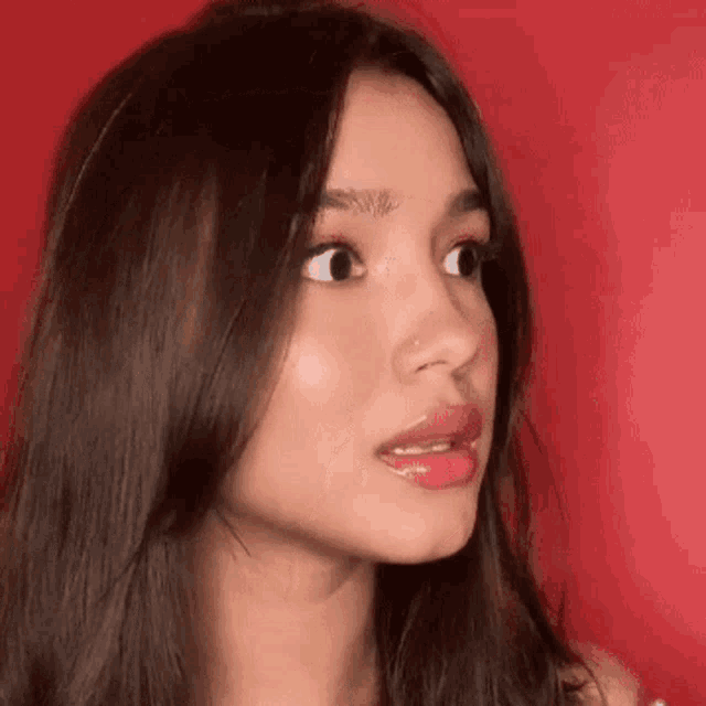 a close up of a woman 's face with long hair and a nose ring against a red background .