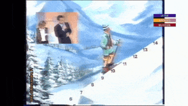 a tv screen shows a man skiing down a snowy slope with the words " la tele " on the top right