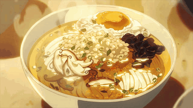 a bowl of soup with noodles mushrooms and a fried egg on top