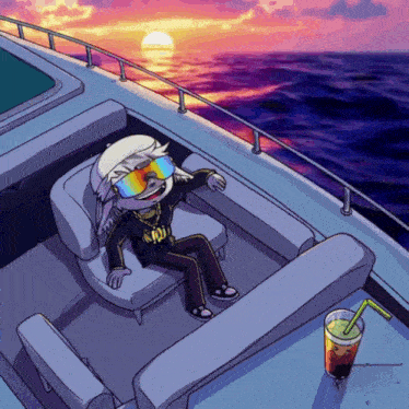 a cartoon of a man sitting on a boat with a drink and a sunset in the background