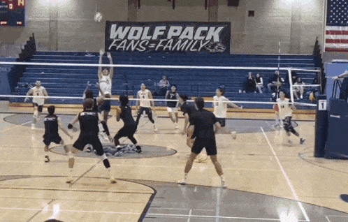 a volleyball game is underway with a banner that says wolf pack fans family