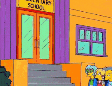 a group of cartoon characters standing in front of a school building .