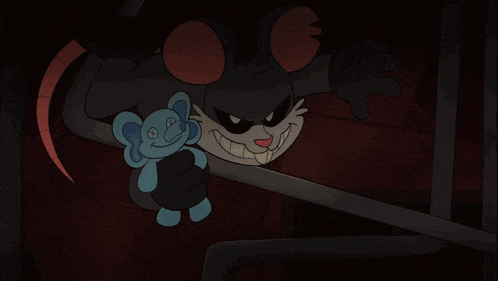 a cartoon mouse is holding a fish bone in his mouth
