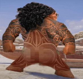 a cartoon character with tattoos on his arms and back is standing on a beach