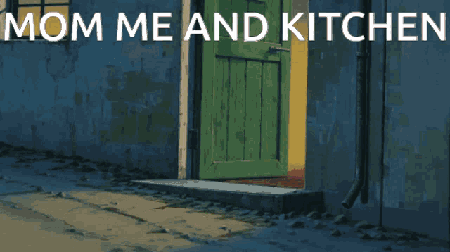 a cartoon of a little girl holding a broom with the words mom me and kitchen above her