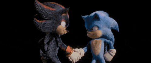 two cartoon characters , sonic and shadow , are shaking hands .