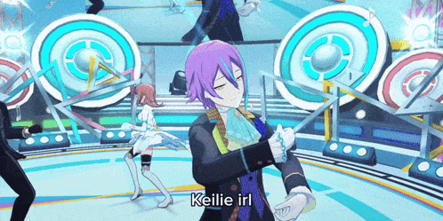 a girl with purple hair is dancing in a video game with the name keilie irl written on the bottom