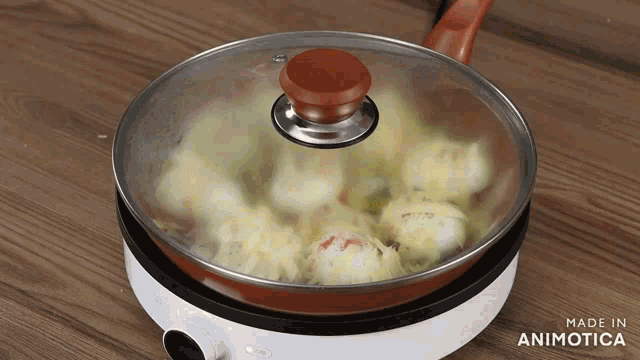 a frying pan with a glass lid and the words made in animotica below it