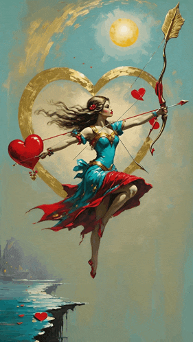a painting of a woman holding a bow and arrow with a heart in the background