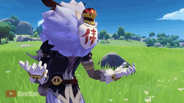 a video game character is standing in a grassy field with the words rawfler below him