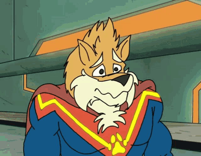 a cartoon character wearing a cape and a paw print on his chest