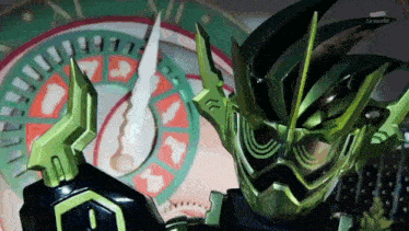 a green robot is standing in front of a roulette wheel with a clock in the background .