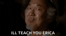 a close up of a man 's face with the words `` ill teach you erica '' written on the bottom .