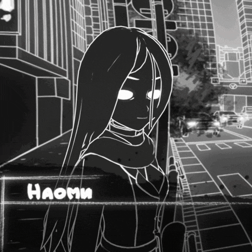 a black and white drawing of a girl with the name haomi