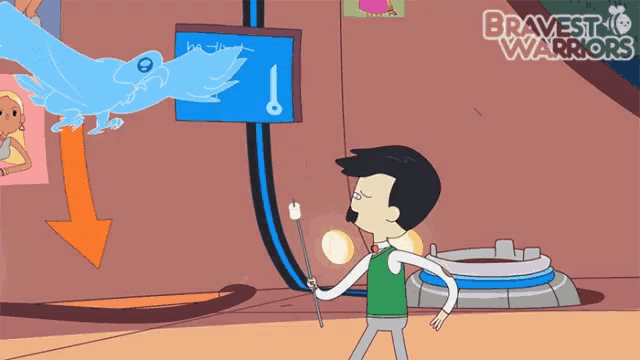 a cartoon of a boy with a bird on his head and the words bravest warriors