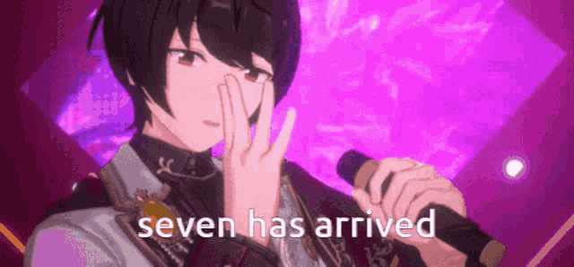 a cartoon character is holding a microphone and making a peace sign with the words seven has arrived behind him .