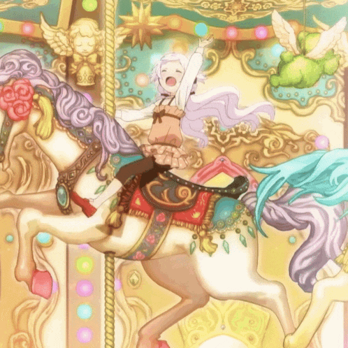a girl is riding a merry go round on a horse with a red saddle