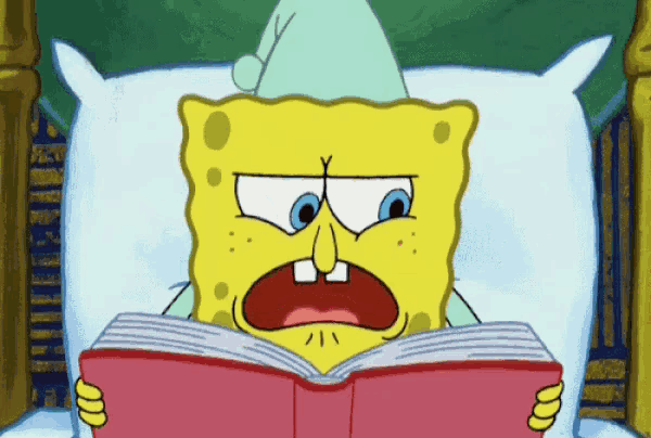 a cartoon character named spongebob is reading a book in bed