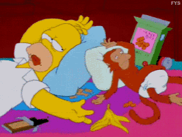 a cartoon of homer simpson laying on a bed next to a monkey and a box that says fys