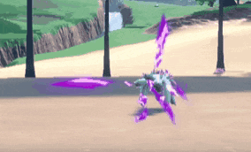 a video game character with purple wings and a sword is flying through the air .
