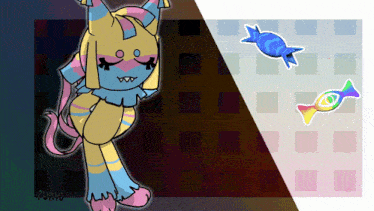 a cartoon drawing of a cat with a rainbow colored tail and a candy with the name fluvo on the bottom right