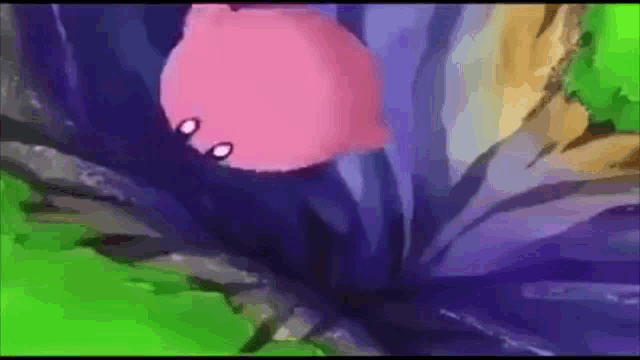 a pink cartoon character is flying through the air in a purple and green background .