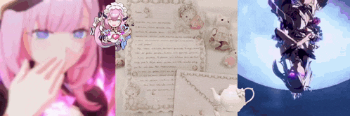 a girl with pink hair is covering her mouth next to a piece of paper